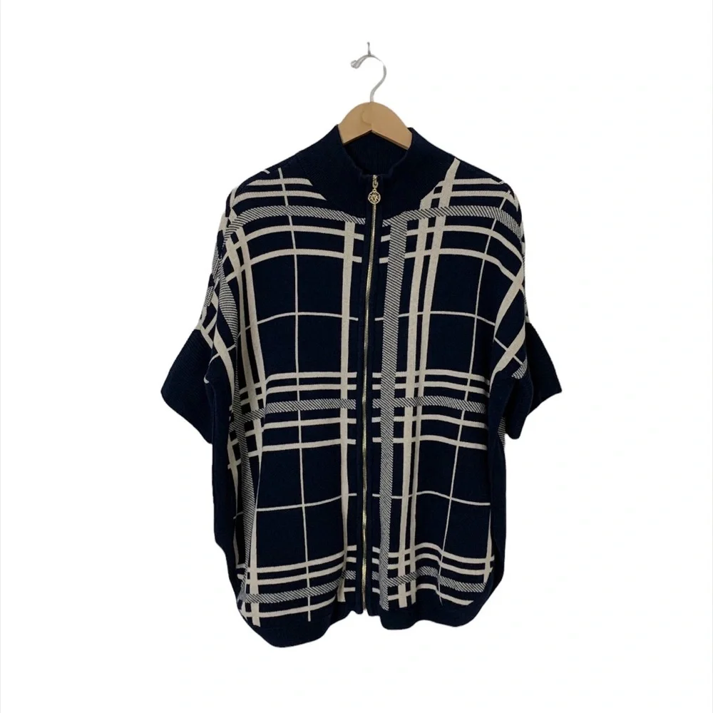 Anne Klein Plaid Oversized tunic Sweater Shrug‎ Size Small Navy Tan